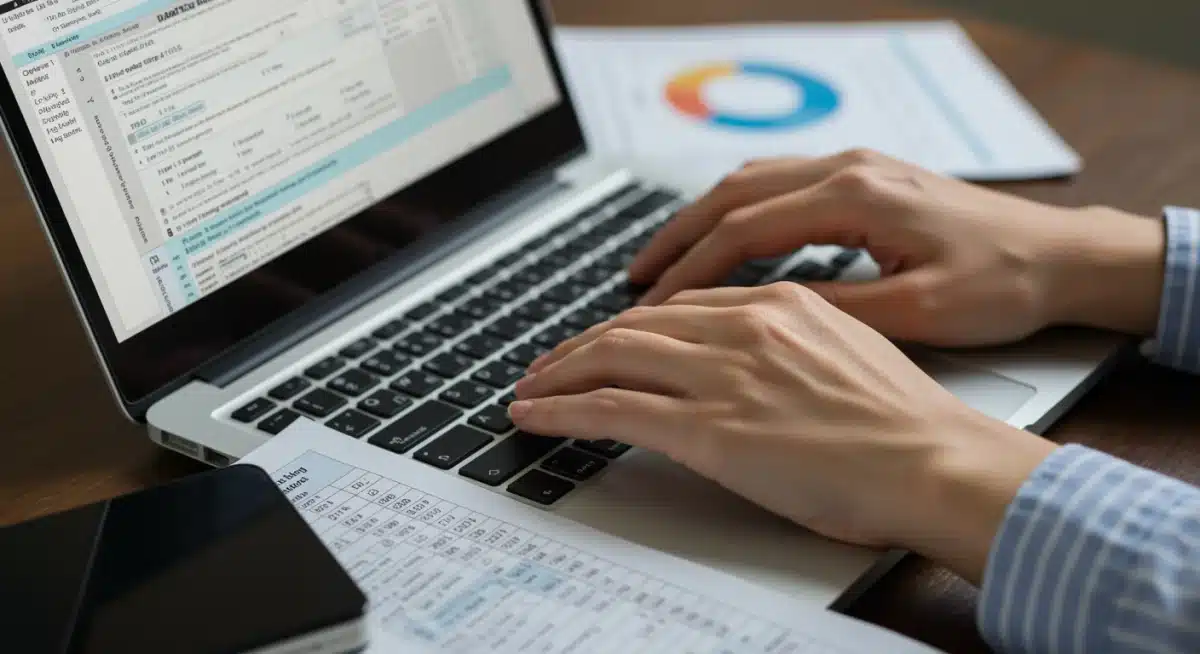 Close-up of hands meticulously entering financial data into a spreadsheet for tax preparation.