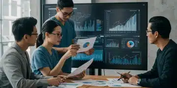 MedTech professionals reviewing 2025 tax documents on a tablet with financial graphs in the background.