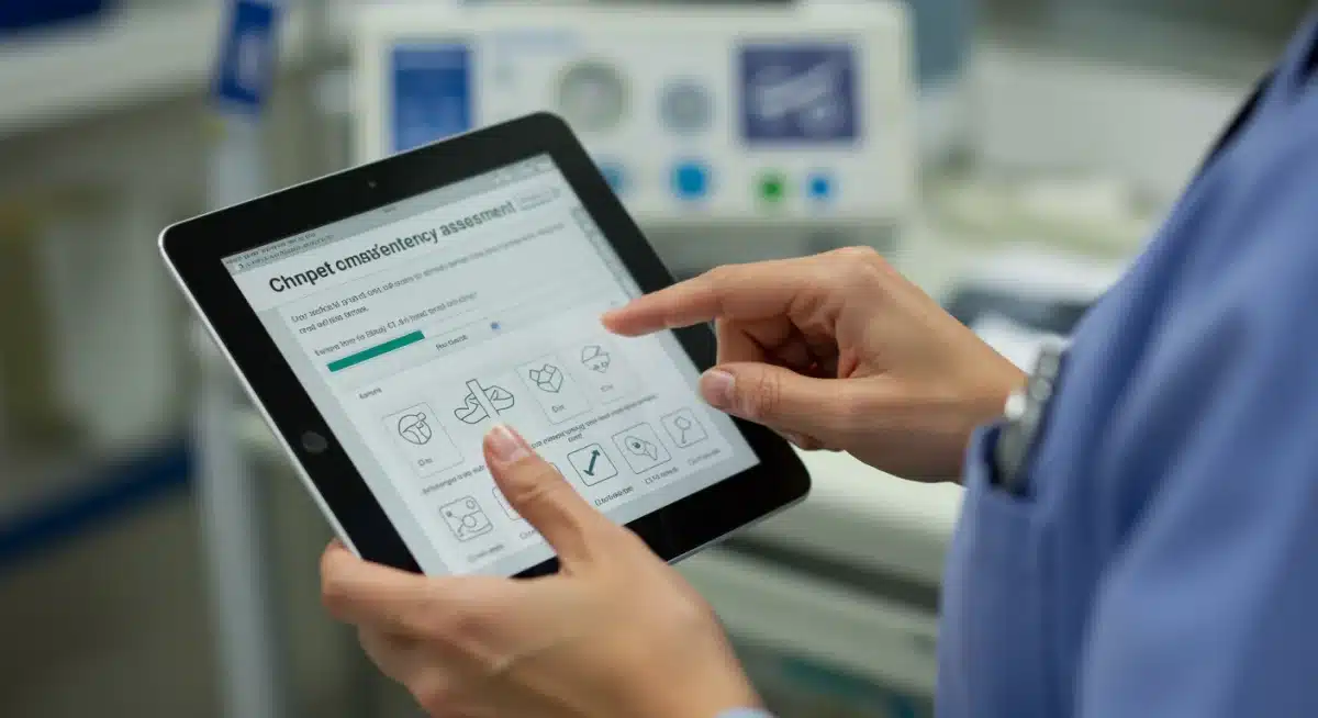 Nurse completing digital competency assessment for medical device training