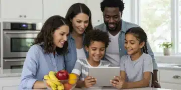 Family checking SNAP benefits eligibility on a tablet in a modern kitchen