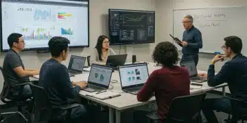 Students and professors discussing healthcare informatics curriculum updates in a high-tech classroom.