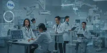 MedTech professionals training on new FDA regulations for 2025, using advanced medical devices.