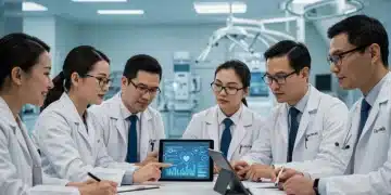 Professionals collaborating on digital health innovations with tablets and medical data