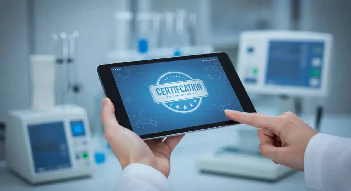 Digital certification badge on a tablet, representing professional validation in MedTech