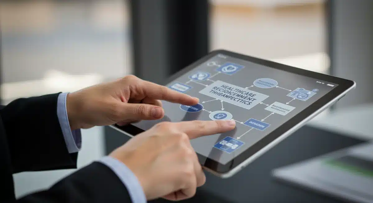 Detailed flow chart on tablet illustrating digital therapeutics reimbursement pathways