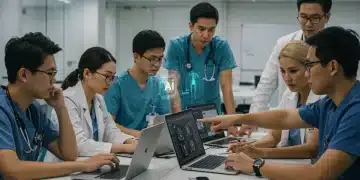 Healthcare professionals collaborating on AI and machine learning in a modern medical setting.