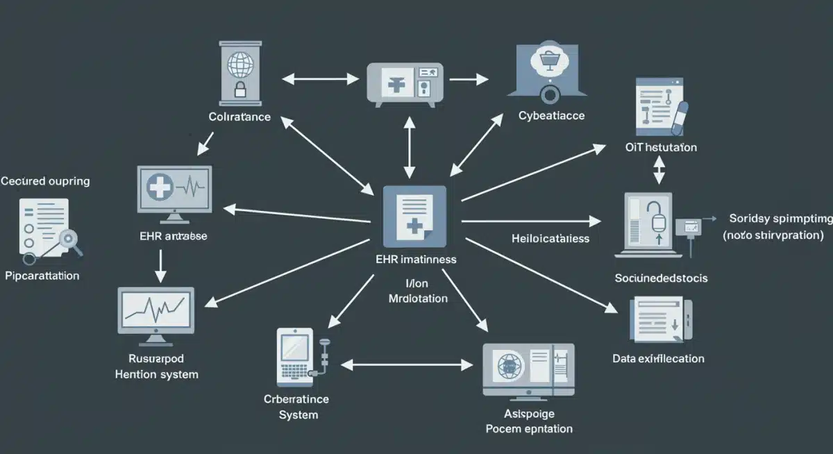 Diagram showing interconnected healthcare systems vulnerable to cyberattacks.