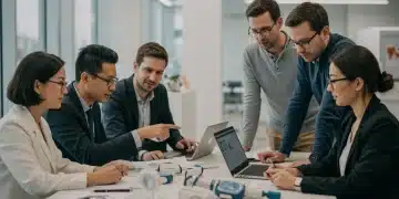 Professionals collaborating on medical device prototypes, symbolizing MedTech career growth