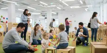Parents and children in modern childcare facility, highlighting employer-provided benefits for 2026.