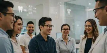 Diverse individuals in a modern clinic waiting room, representing dental and vision care access.