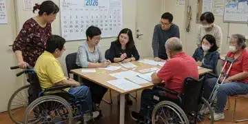 People discussing 2026 disability benefit applications with an official