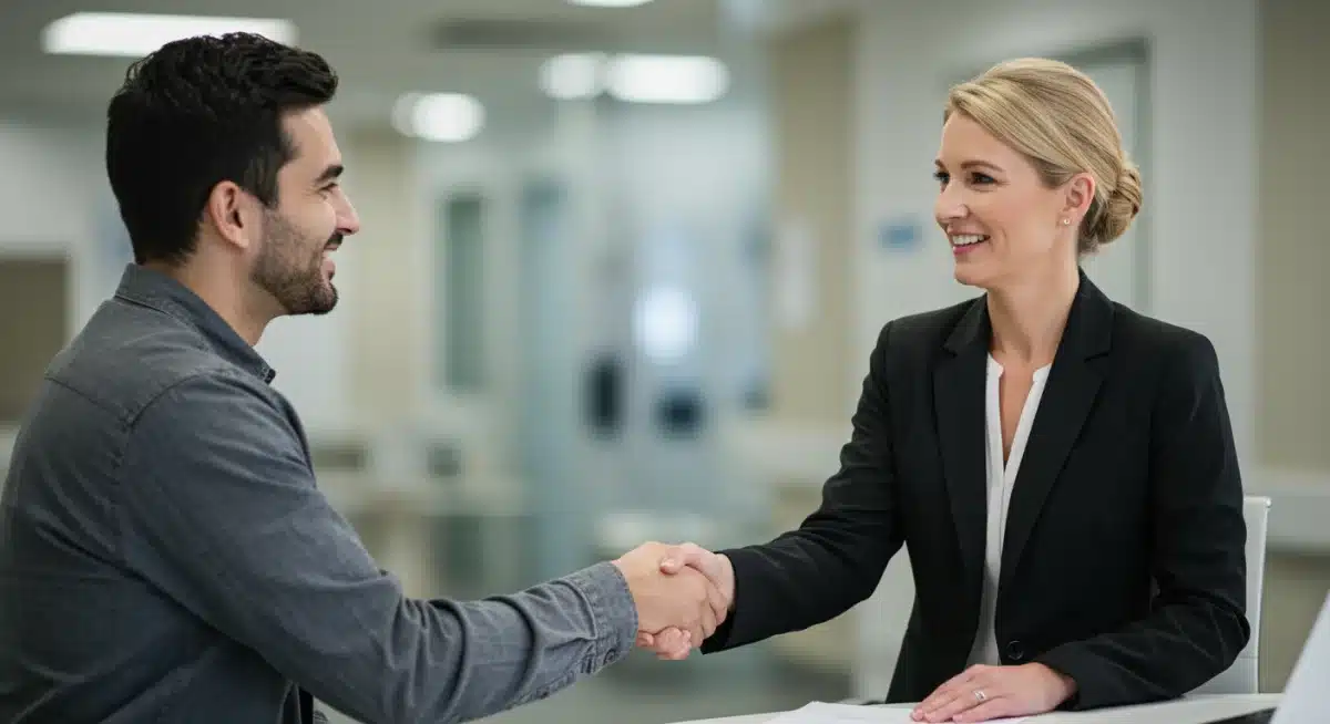 Patient negotiating medical bill with financial counselor, reaching an agreement