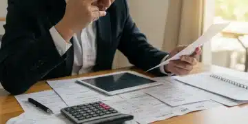 Person analyzing medical bills and financial statements, seeking debt reduction strategies