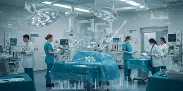 Advanced MedTech integration in a US hospital, showing a surgeon using a robotic arm and doctors reviewing digital patient data.