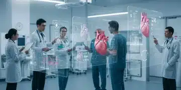 Doctors and AI systems collaborating on cardiovascular diagnostics in a high-tech medical environment.