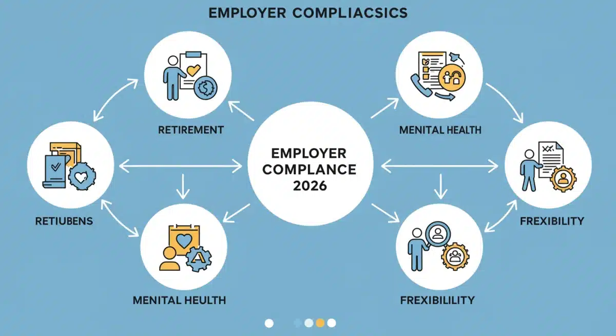 Infographic illustrating various employee benefits and employer compliance for 2026.