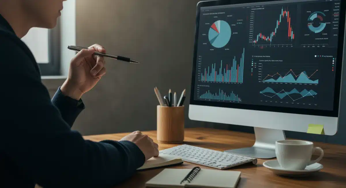 Individual reviewing financial data on a computer, planning retirement contributions.