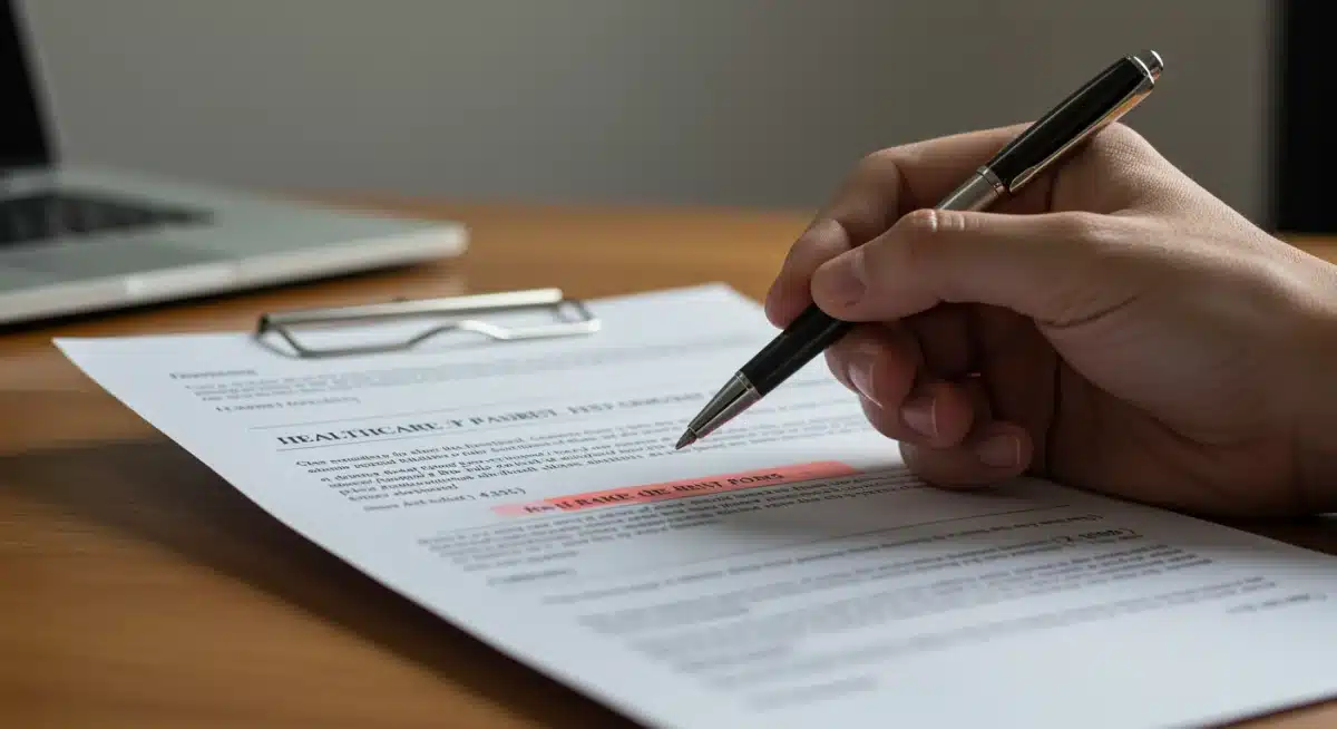 Hand pointing to key clauses in healthcare and retirement policy documents.