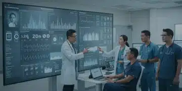 Healthcare team analyzing remote patient monitoring data, showing reduced readmissions.