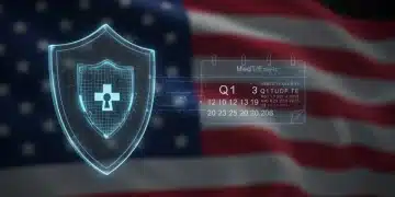 Digital shield protecting medical data, US flag, Q1 2026 calendar, MedTech data security legislation