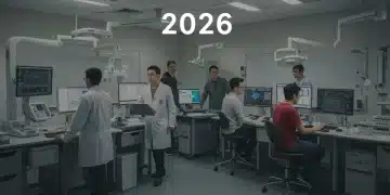 Students and professors collaborating in a modern MedTech laboratory with advanced medical devices and digital interfaces.