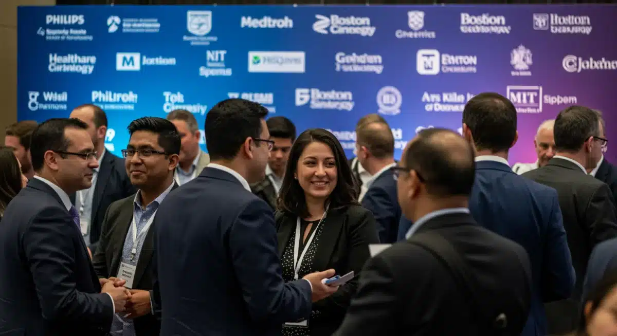MedTech professionals networking at an industry event, with company logos visible in the background.