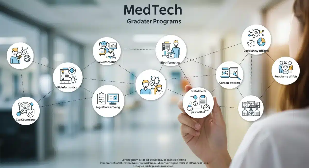 Infographic showing various specializations within MedTech graduate programs like medical device design and bioinformatics.