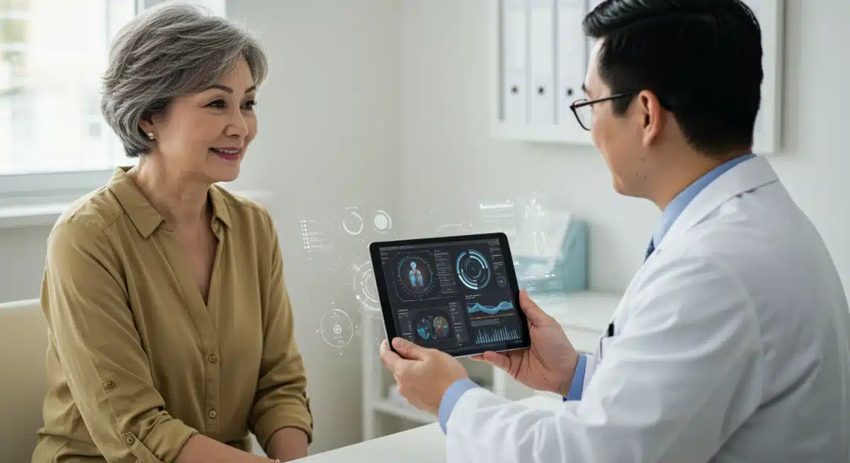Doctor and patient discussing AI-generated cardiovascular diagnostic results.