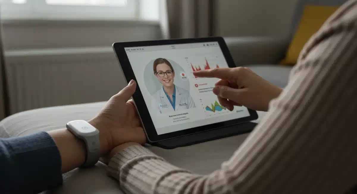 Patient at home using remote monitoring device and tablet for health data.