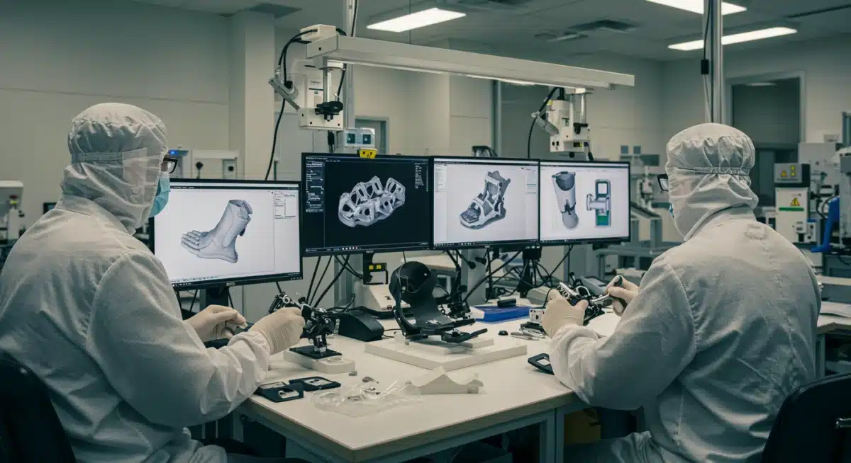 Engineers developing advanced prosthetic limb components in a lab