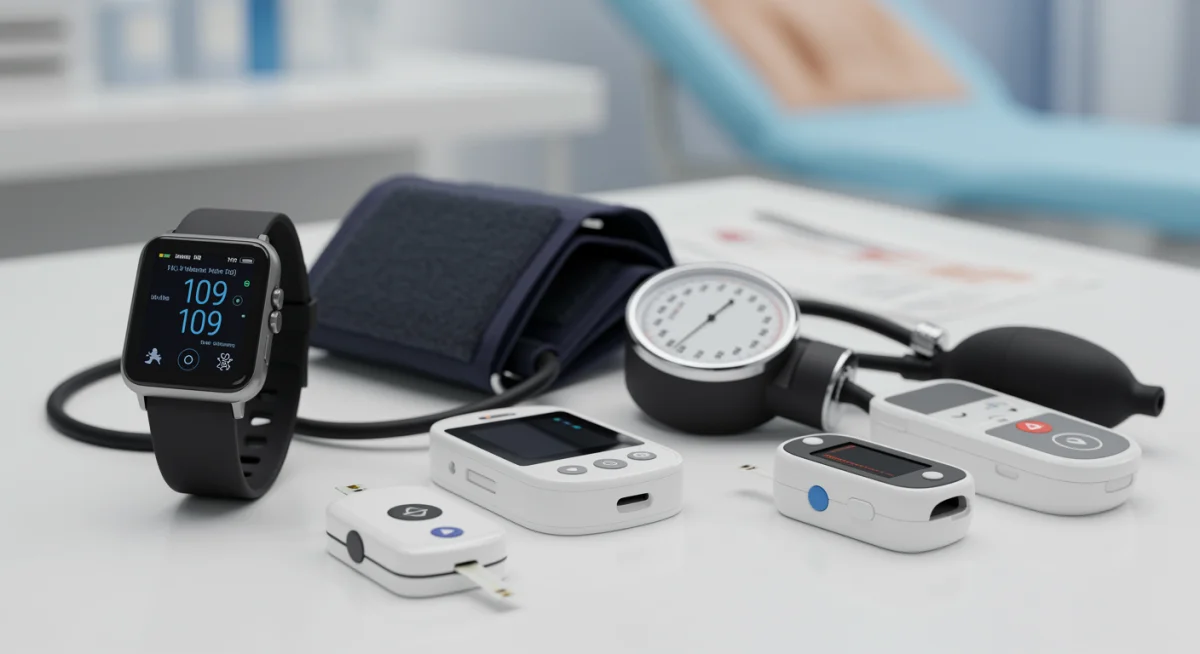 Close-up of various remote patient monitoring devices.