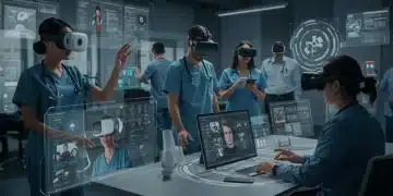 Healthcare professionals using VR for MedTech training in a futuristic setting.