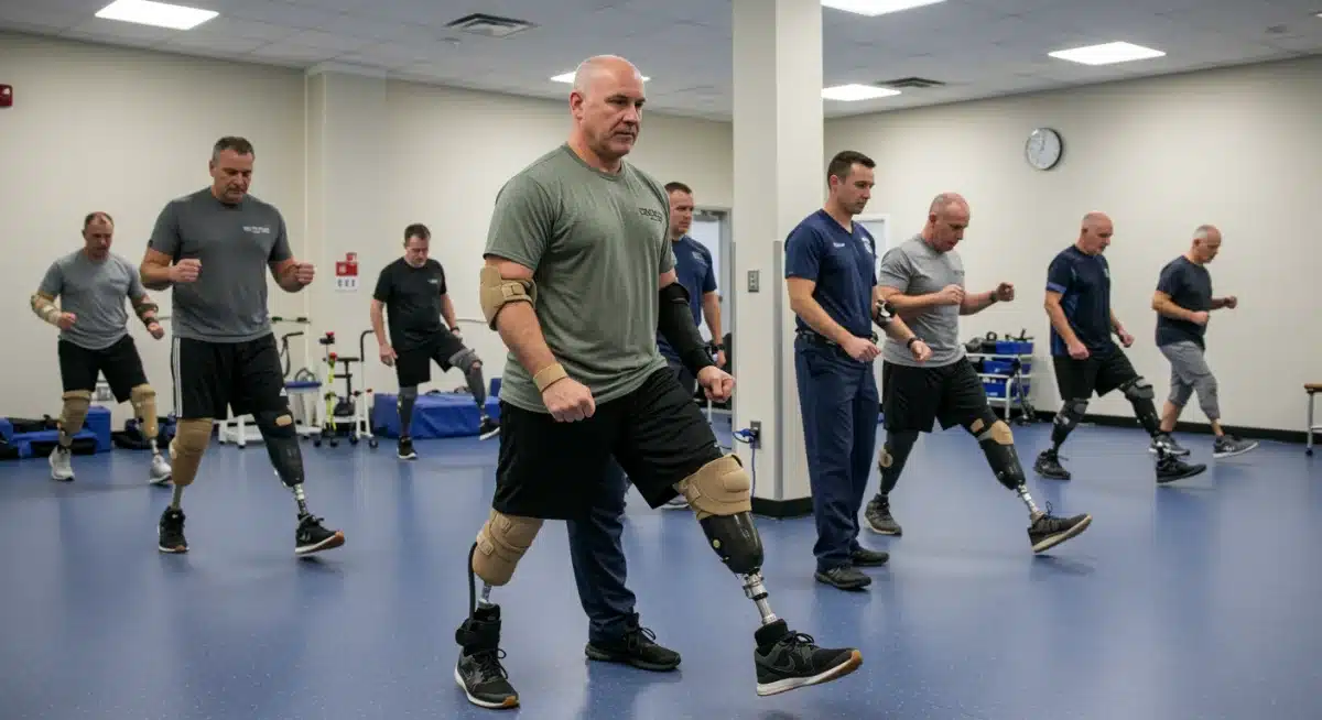 Military veterans rehabilitating with advanced prosthetics, physical therapy