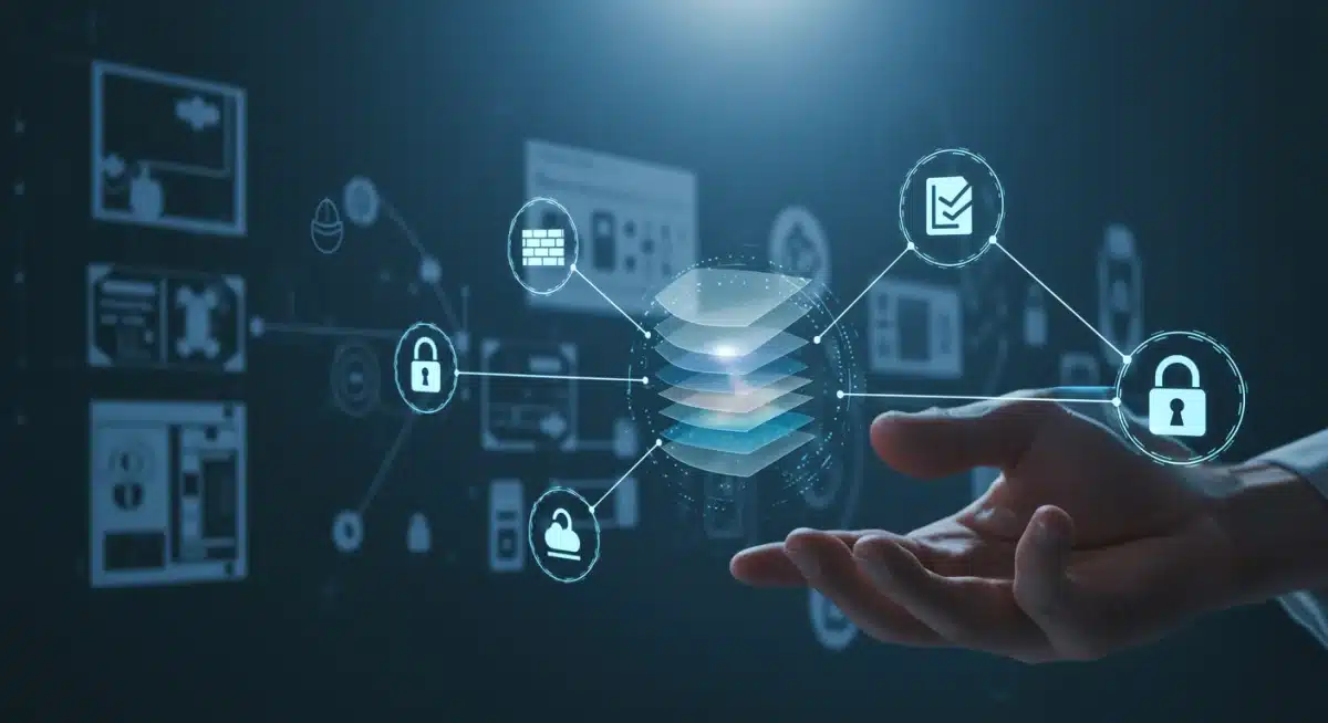 Digital security layers protecting patient data for HIPAA compliance.