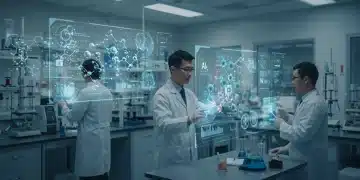 Scientists utilizing artificial intelligence for advanced drug discovery in a modern lab setting.