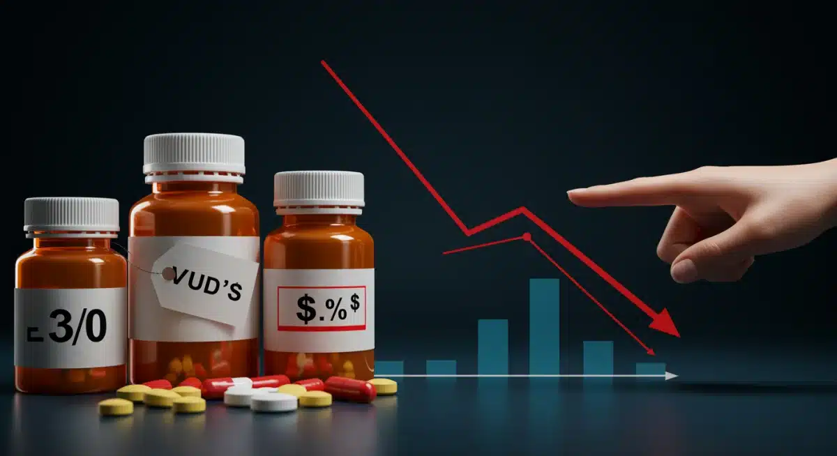 Lower prescription drug prices illustrated by medication bottles and a downward trend graph.