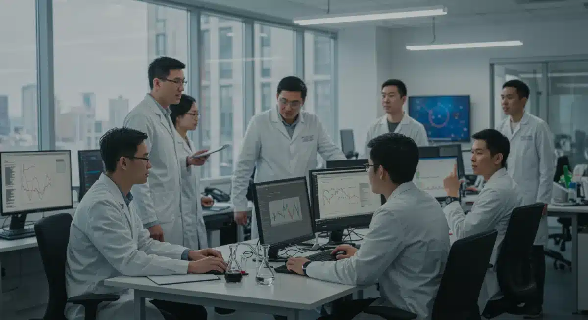 Interdisciplinary team collaborating on AI-driven drug discovery research and development.