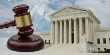 US Supreme Court building with medical device silhouettes, representing patent law for MedTech.