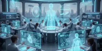 Medical students engaging with AI-powered holographic learning tools in a modern classroom.