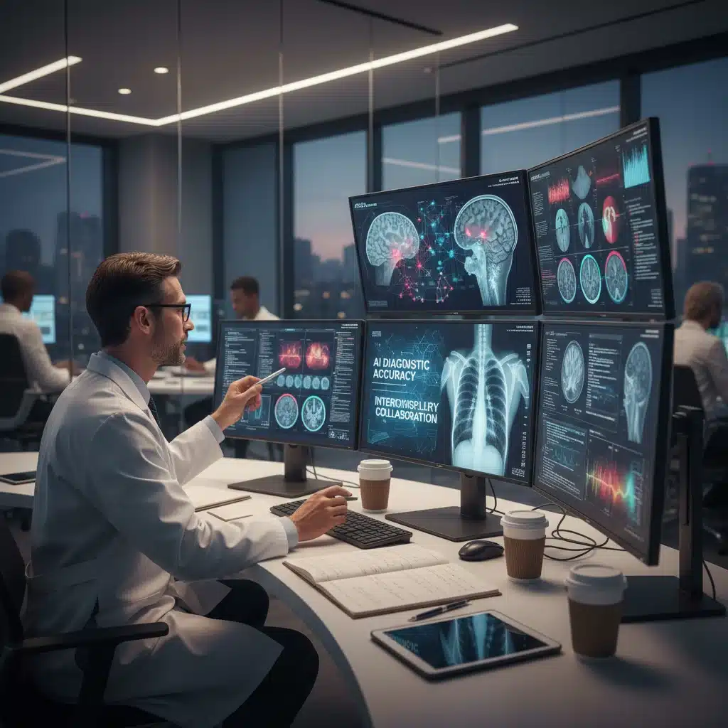 Physician and data scientist collaborating on AI medical imaging analysis.