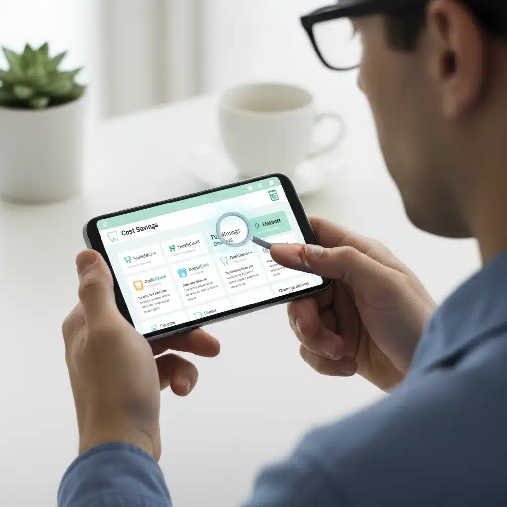 Individual comparing dental insurance plans on a smartphone to find cost-effective options.
