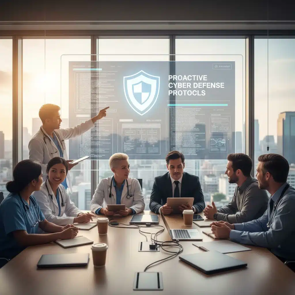 Healthcare and IT teams collaborating on cybersecurity protocols