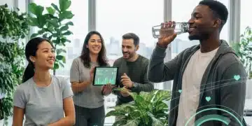 Employees engaging in modern workplace wellness activities with digital health integration.