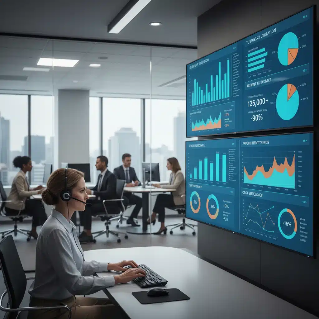 Healthcare administrator analyzing telehealth data on multiple screens, demonstrating operational impact.