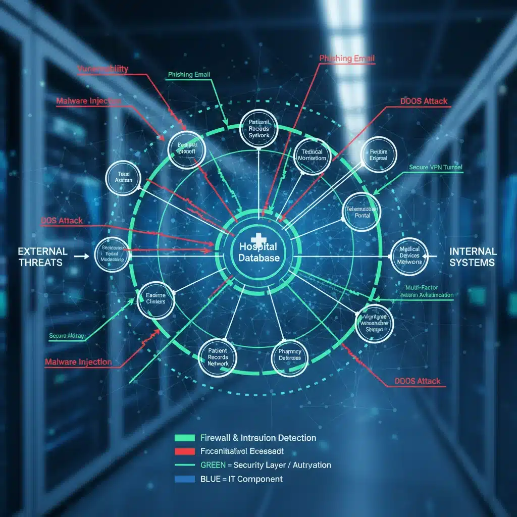 Healthcare IT infrastructure with highlighted security vulnerabilities