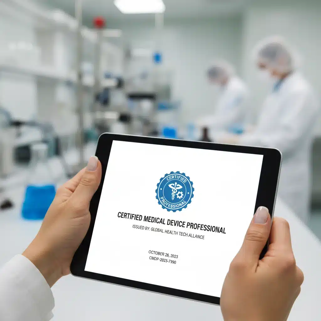 Hands holding tablet with MedTech certification badge