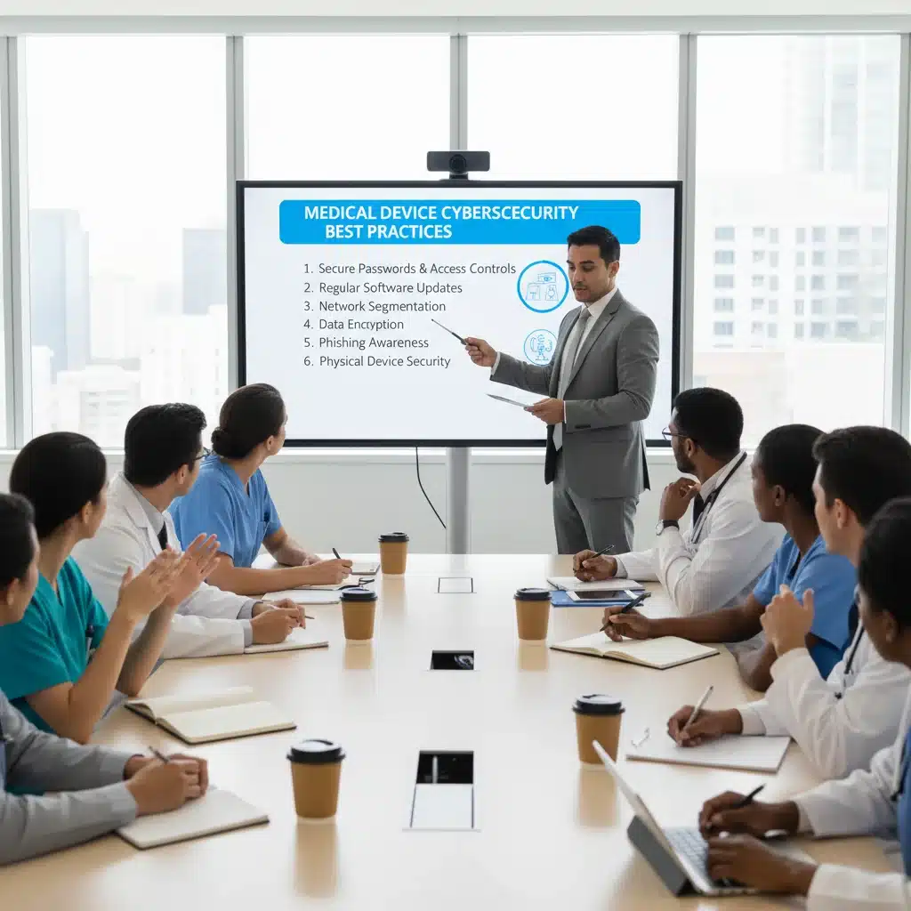 Medical professionals actively participating in a cybersecurity training session for MedTech devices.