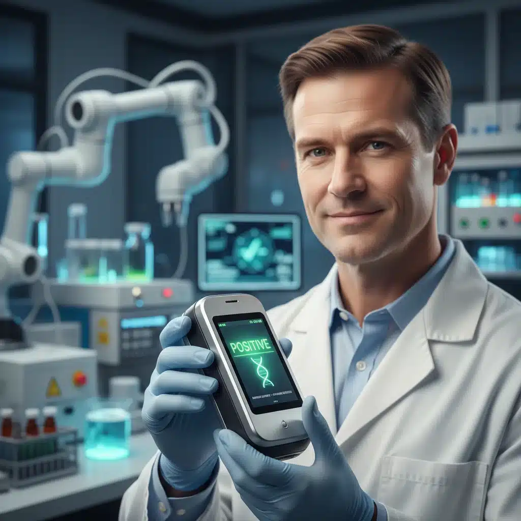Scientist holding advanced portable diagnostic MedTech device in lab