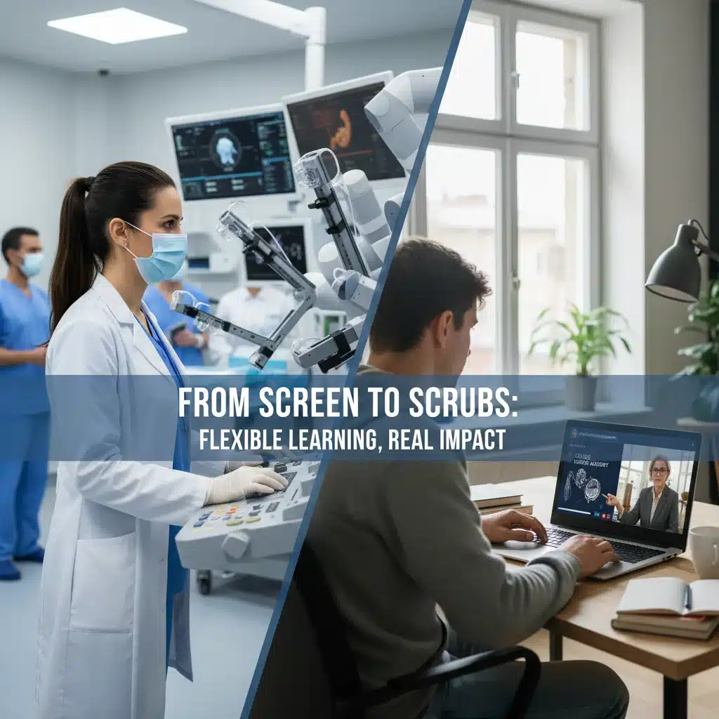Healthcare professional using MedTech equipment and a student learning online.