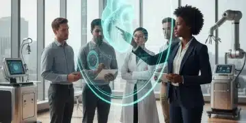 Professionals collaborating on MedTech innovations with holographic display